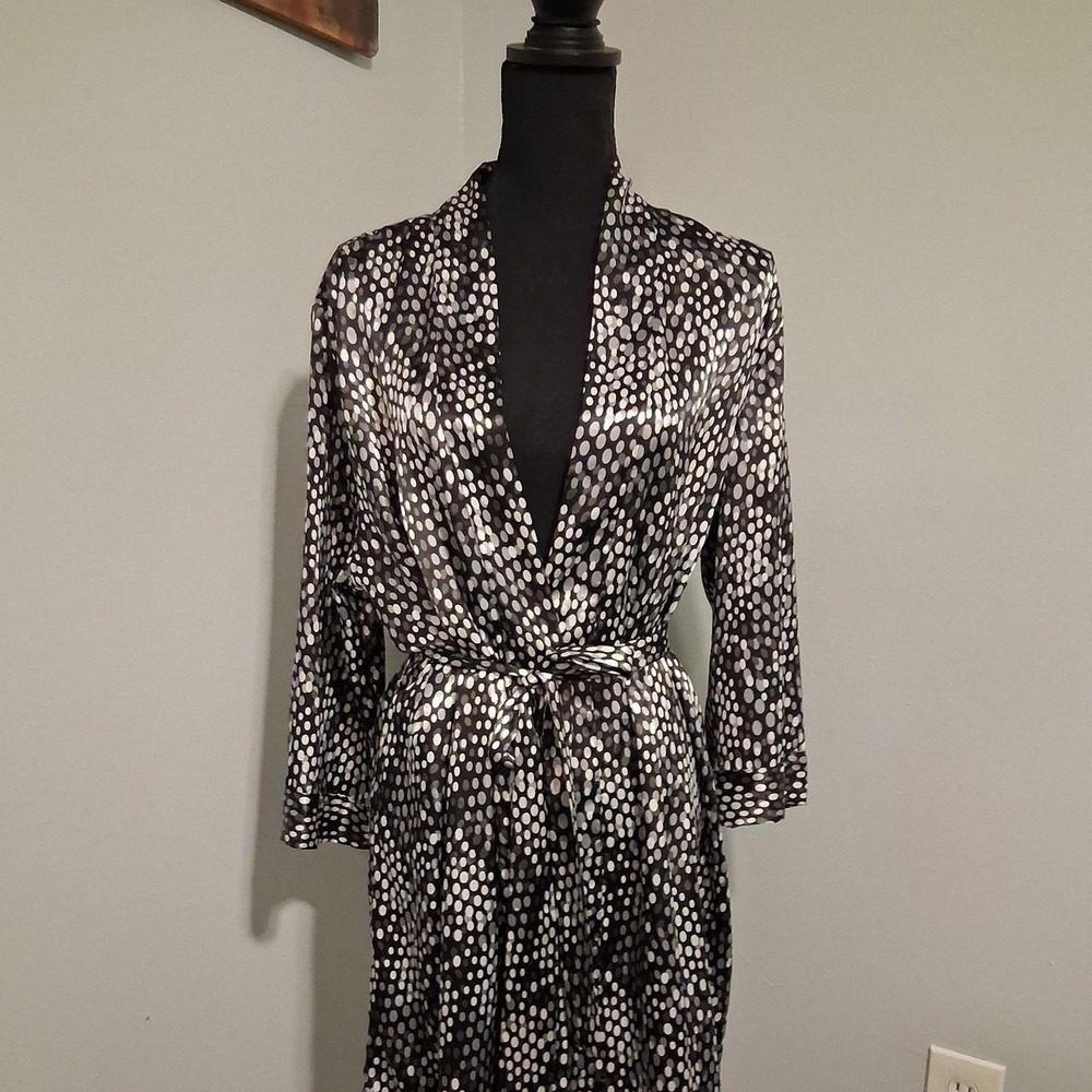 Womens black‎ & white polka dot wrap robe with tie waist.